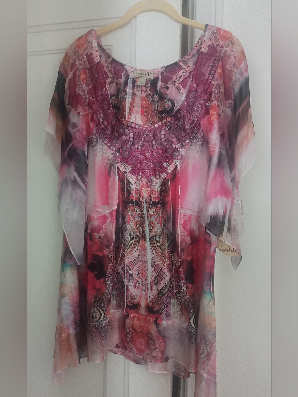 ONE WORLD Pink and Multicolor Floral Embellished Scoop Tunic